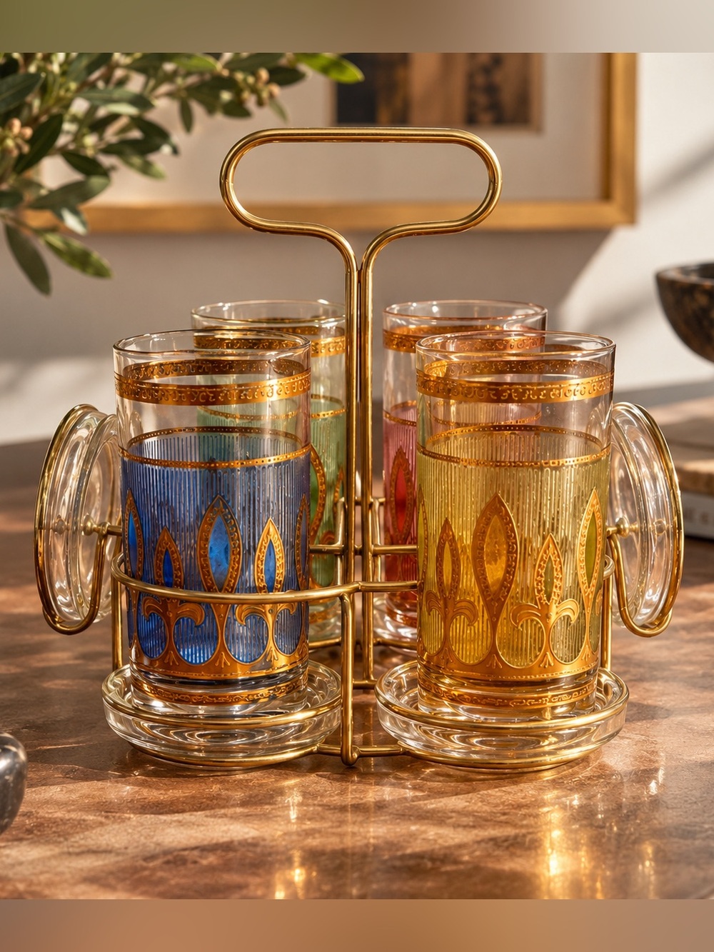 Vintage Culver Style Highball Glasses Set of 4 w/ Caddy & Glass Coasters MCM